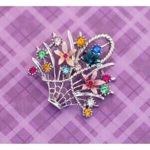 Vintage Art Nouveau Floral Basket Elegant Rhinestones Brooch - V3
